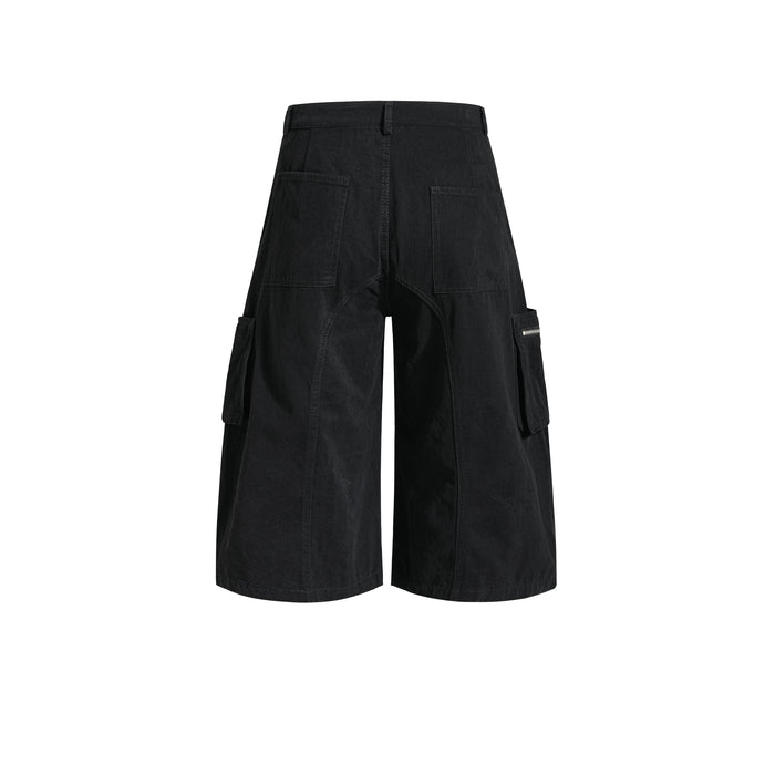 Black utility cargo shorts with back pockets, rear view