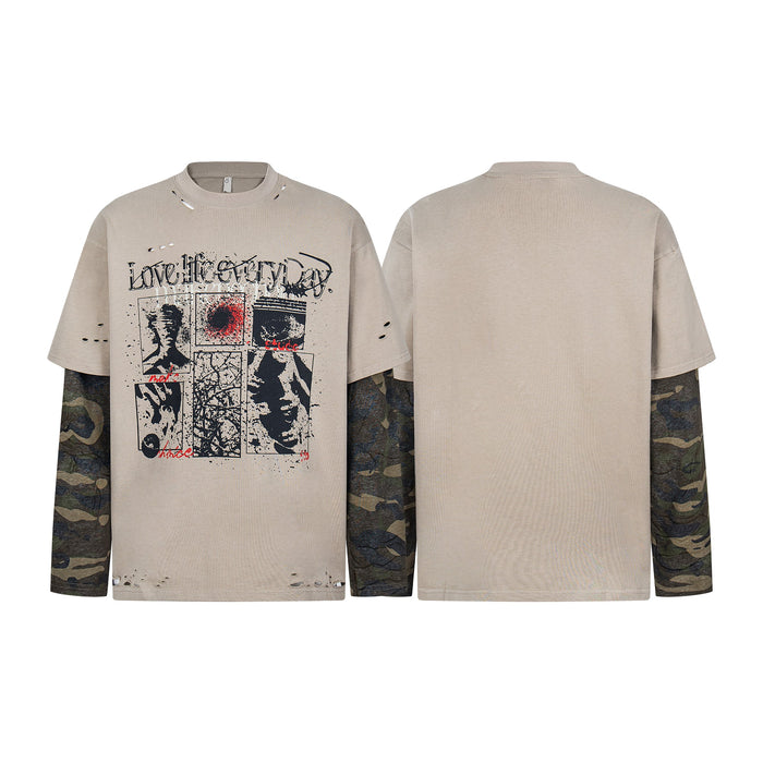 Front and back view of a sand-tone distressed graphic tee with attached camo long sleeves and collage-style punk print