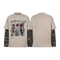 Front and back view of a sand-tone distressed graphic tee with attached camo long sleeves and collage-style punk print