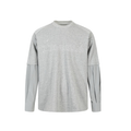 Light gray layered long sleeve tee with white outlined logo and striped sleeve cuffs, front view