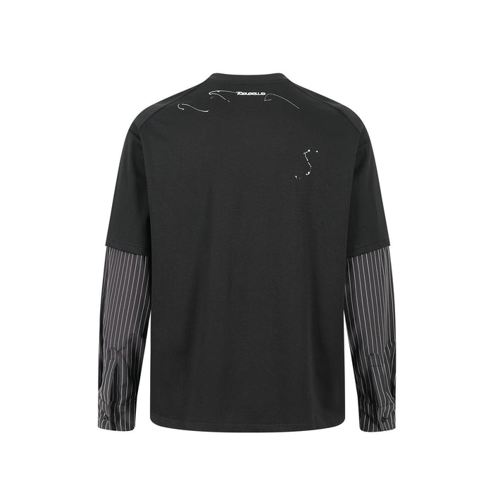 Black long sleeve tee with striped sleeves and small white graphic details, back view