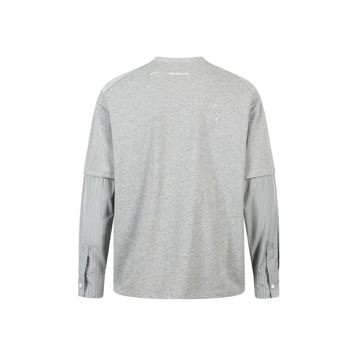 Light gray long sleeve tee shown back view with striped sleeves and white graphic details