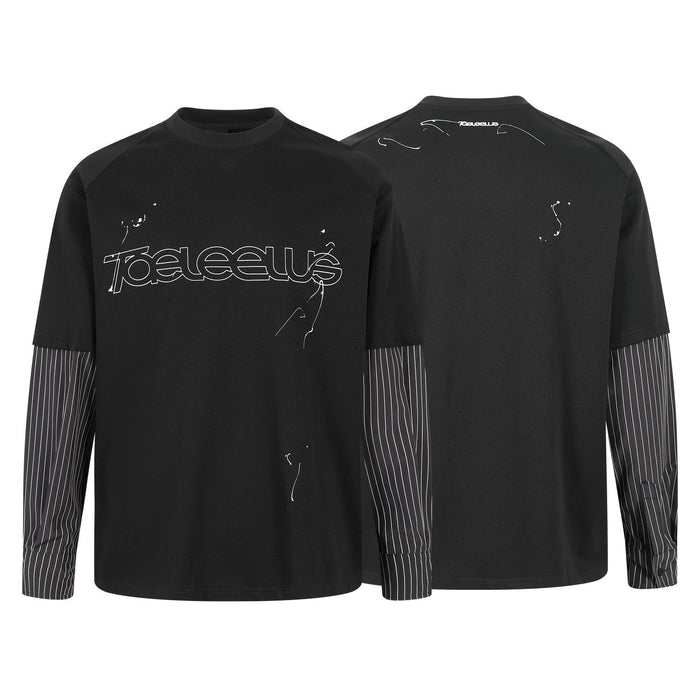 Black layered long sleeve tee shown front and back views with striped sleeves and white graphics