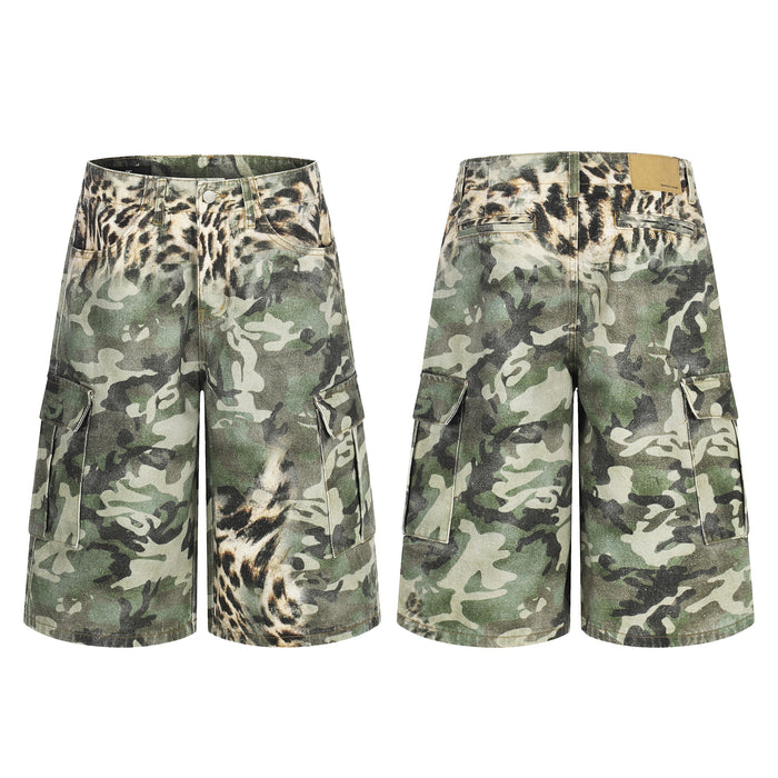 Front and back view of green camouflage cargo shorts with leopard print waistband detail