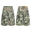Front and back view of green camouflage cargo shorts with leopard print waistband detail
