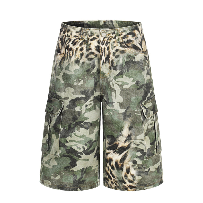 Front view of green leopard camo cargo shorts with button waist and flap leg pockets