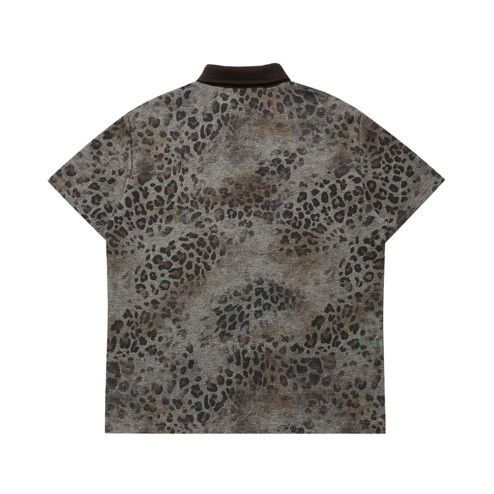Back view of an oversized leopard print polo tee with dark collar and gothic streetwear style