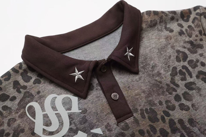 Leopard print oversized polo tee with dark brown collar, star embroidery, and gothic streetwear details
