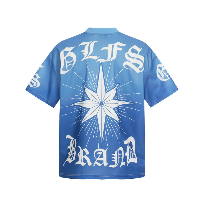 Blue mesh streetwear football jersey with a large white starburst graphic and Gothic-style lettering on the back