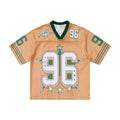 Orange mesh football jersey with green V-neck collar, star graphics, and large 96 number print on the front