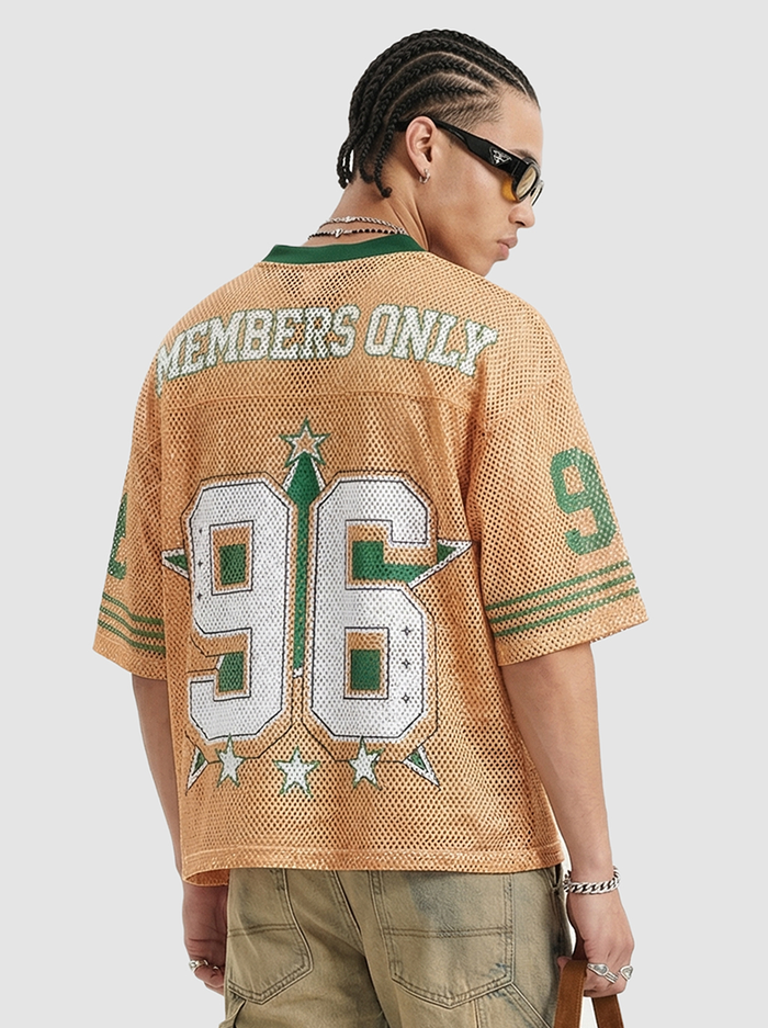Tan mesh streetwear jersey T-shirt with green trim, bold 96 graphic and Members Only lettering on the back