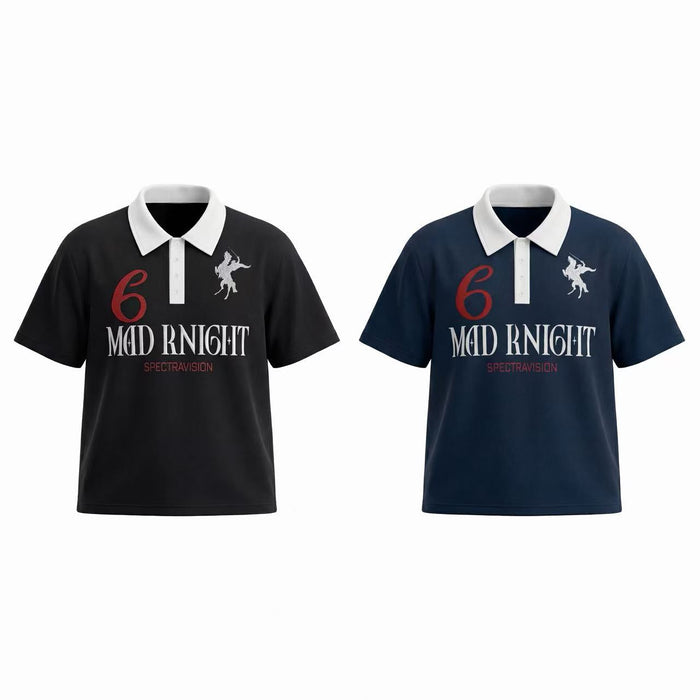 Omirad Mad Knight Polo Tee in black and navy with white contrast collar, knight graphic, and red number 6 print