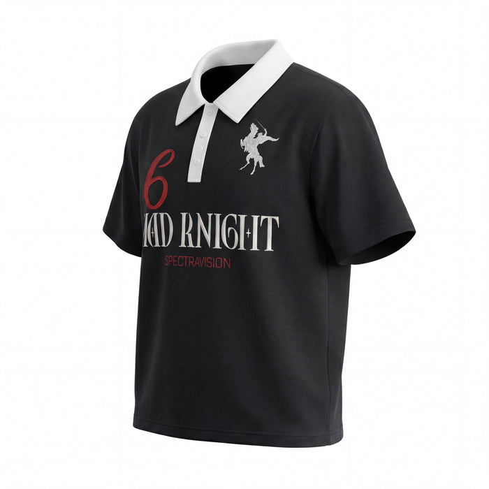 Black graphic polo tee with white contrast collar, red accents, and Mad Knight chest print