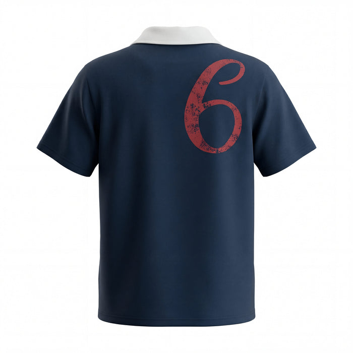 Navy polo tee with white collar and large distressed red number 6 graphic on the back