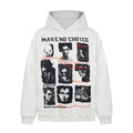 White hoodie front view with black collage graphic and red script text on the chest