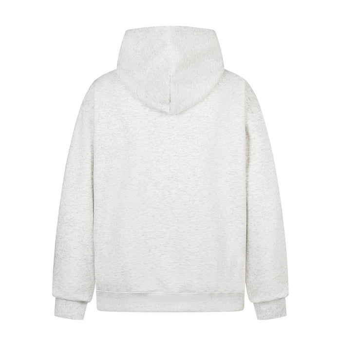 White hoodie back view, plain with hood and ribbed hem