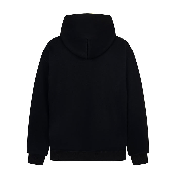 Black hoodie back view, plain with hood and ribbed hem