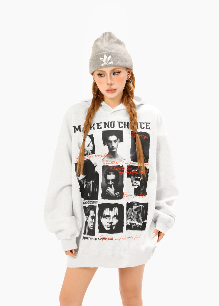 White collage graphic hoodie worn by model with hood up and long sleeves