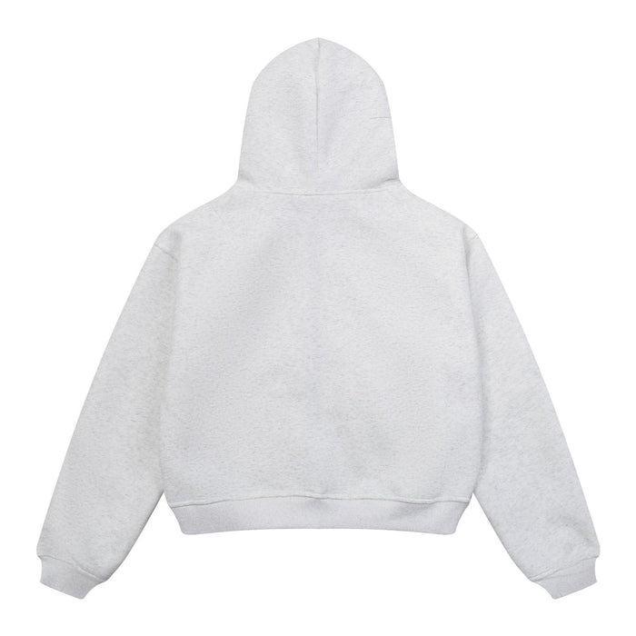 Back view of ash grey zip-up hoodie with high hood and ribbed hem
