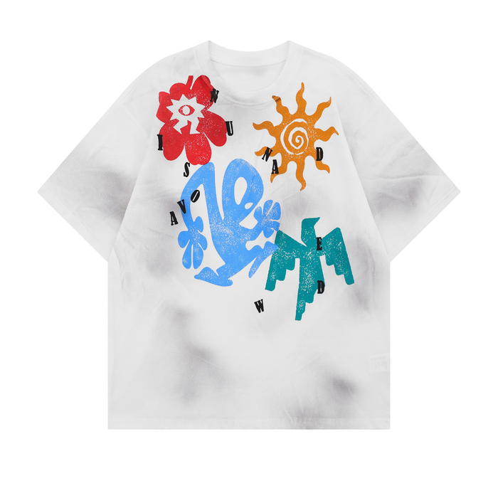 White washed graphic tee with colorful floral and abstract streetwear print across the chest
