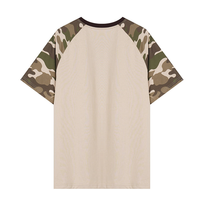 Beige raglan T-shirt with camo patterned sleeves and dark crew neck, front view on white background