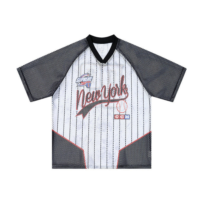 Omirad New York 89 pinstripe mesh jersey t-shirt with black raglan sleeves and red contrast panels, front view
