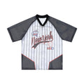 Omirad New York 89 pinstripe mesh jersey t-shirt with black raglan sleeves and red contrast panels, front view