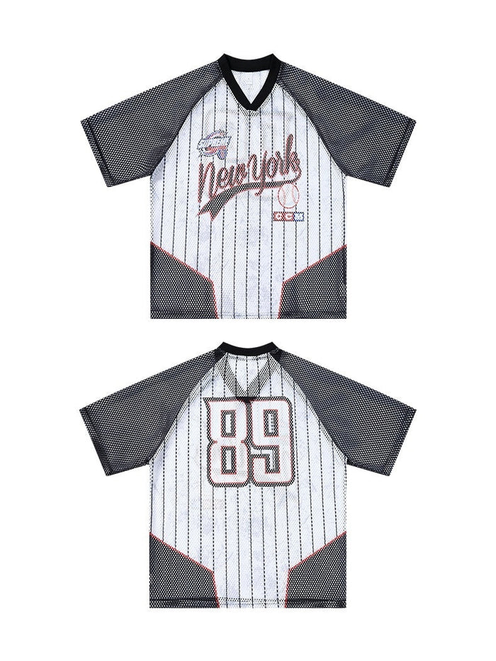 Black and white pinstripe mesh jersey T-shirt with New York graphic and number 89 on front and back