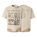 Cream oversized graphic tee with distressed portrait grid print, striped layered hem and collar detail, front and back view