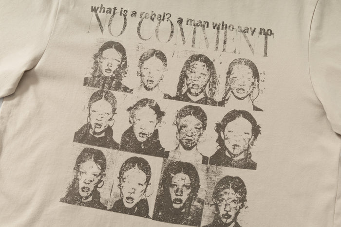 Beige layered graphic tee with distressed portrait collage and No Comment streetwear text print