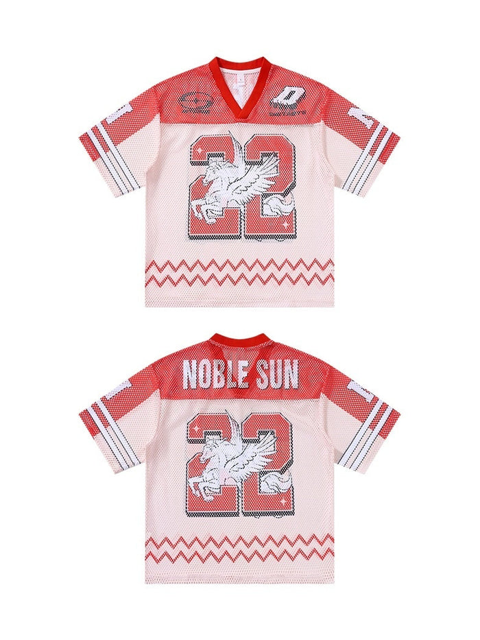 Red and white mesh jersey T-shirt with number 22, Noble Sun lettering, and a graphic eagle design