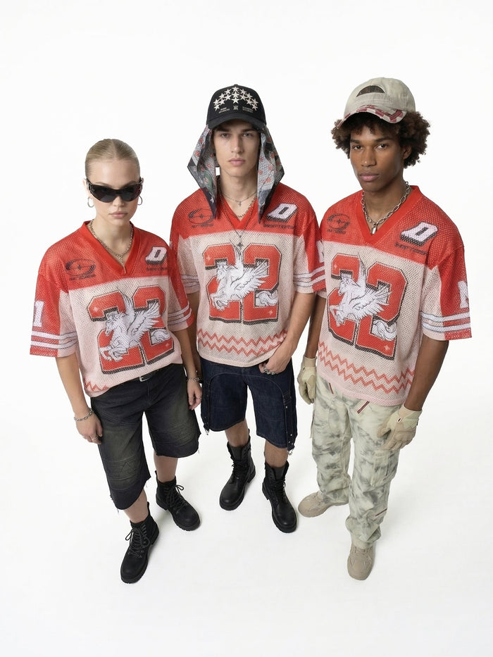 Three models wearing red mesh jersey T-shirts with large number 22 graphics and streetwear styling