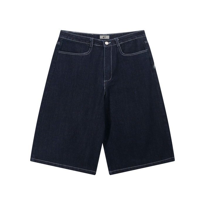 Dark wash wide-leg denim shorts with white contrast stitching and front waistband detail