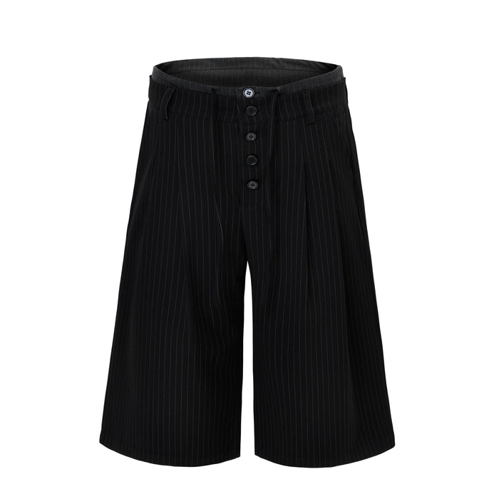 Black pinstripe wide-leg shorts with front button placket and tailored waistband
