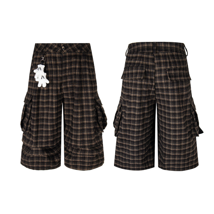 Front and back view of dark brown plaid cargo shorts with oversized 3D pockets and detachable hand charm keychain
