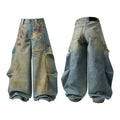 Omirad Playground Charm Balloon Jeans front and back view showing graphic prints, star patches, teddy bear, and wide-leg vint