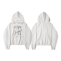 Off-white pullover hoodie with distressed collage portrait graphic print on the front, front and back view