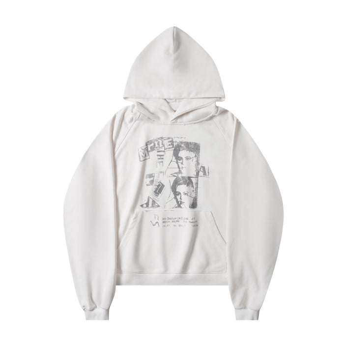 White pullover hoodie front view with grayscale portrait graphic and kangaroo pocket
