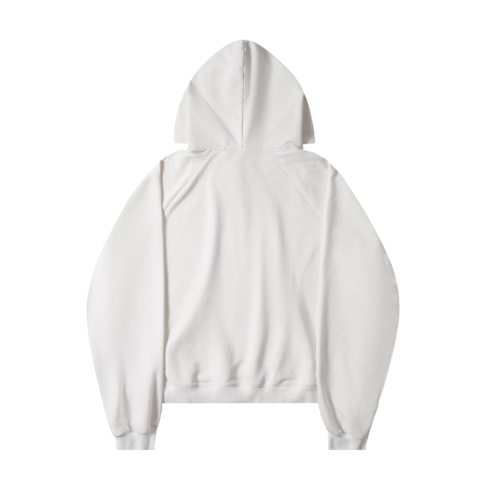 White pullover hoodie back view showing plain hood, shoulders, and smooth fabric