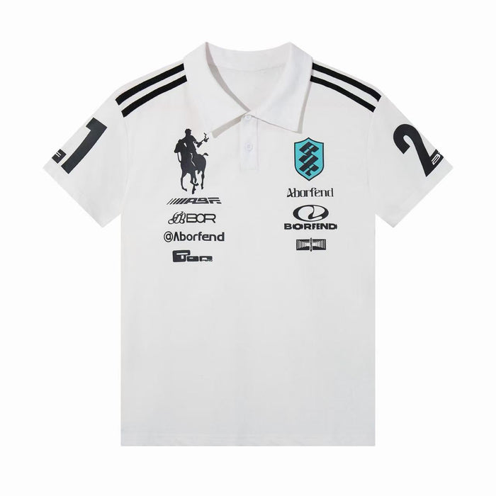 White racing crest polo shirt with black sleeve stripes, motorsport-style graphics, and chest logo prints