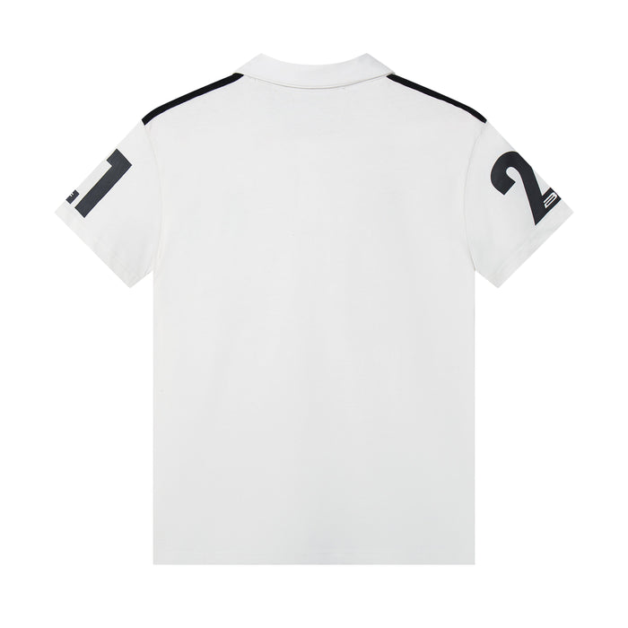 White Seakoff racing crest polo shirt with black shoulder stripes and bold sleeve graphics on a clean back view