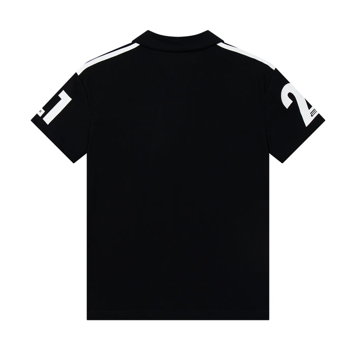 Black Seakoff racing crest polo shirt with white shoulder stripes and bold sleeve graphics on a clean white background