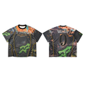 Front and back view of the Omirad Rapidness Racing Mesh Jersey with green camo print, yellow panel lines, and bold typography
