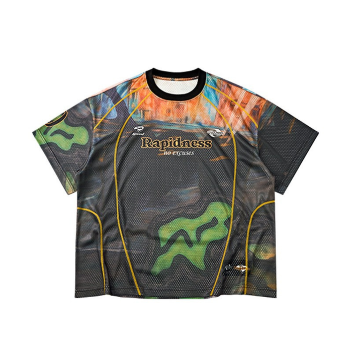 Black mesh racing jersey with orange and yellow piping, camo accents, and Rapidness logo on the chest