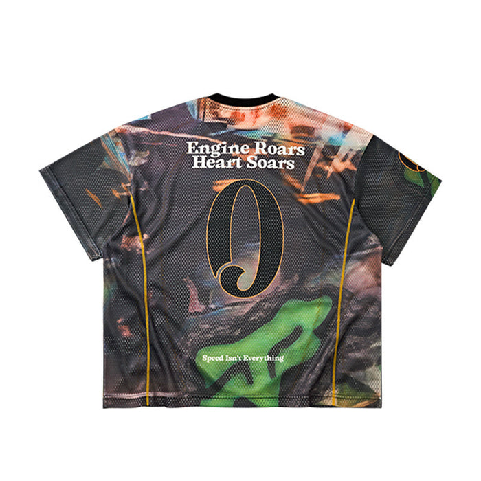 Black racing mesh jersey with bold back graphic, yellow side piping, and engine roars heart soars text