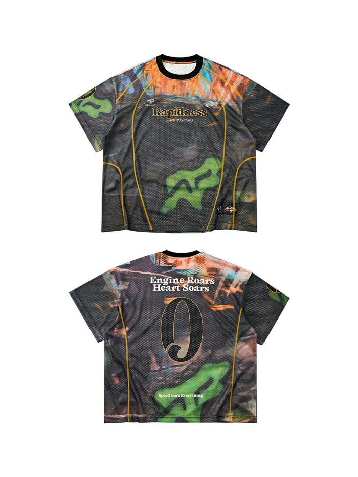 Black mesh racing jersey tee with colorful graffiti graphics, yellow piping, and bold front and back slogan prints