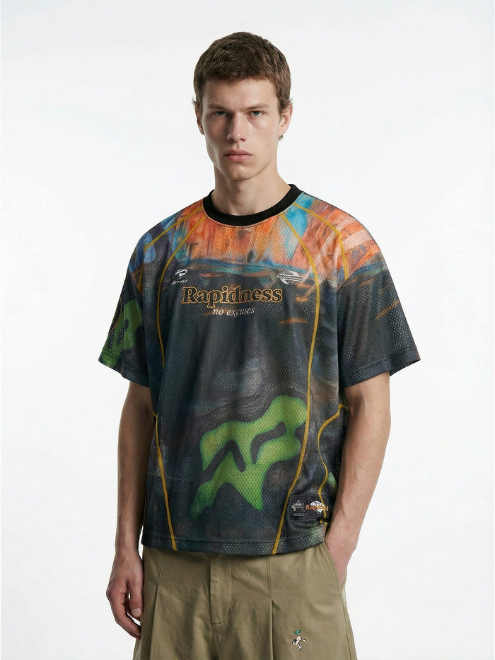 Model wearing a colorful mesh racing jersey with Rapidness graphic and black collar, styled with khaki streetwear pants