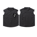 Dark plaid raw-edge sleeveless cotton shirt with frayed armholes and a black three-cross graphic chest patch, front view