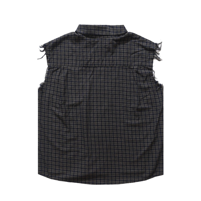 Back view of dark plaid sleeveless shirt with raw-edge armholes and curved hem