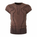 Brown avant-garde cotton tee with sculpted raw seam paneling and a fitted short-sleeve silhouette
